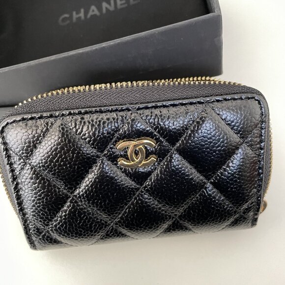 CHANEL Black Zipper Coin Case Gold CC Logo Quilted Caviar Wallet - Picture 1 of 7